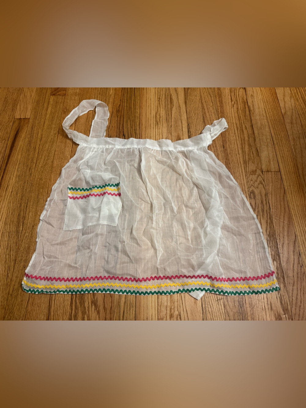 Vintage half apron with pocket, tie back, colorful stripes - white fabric tulle